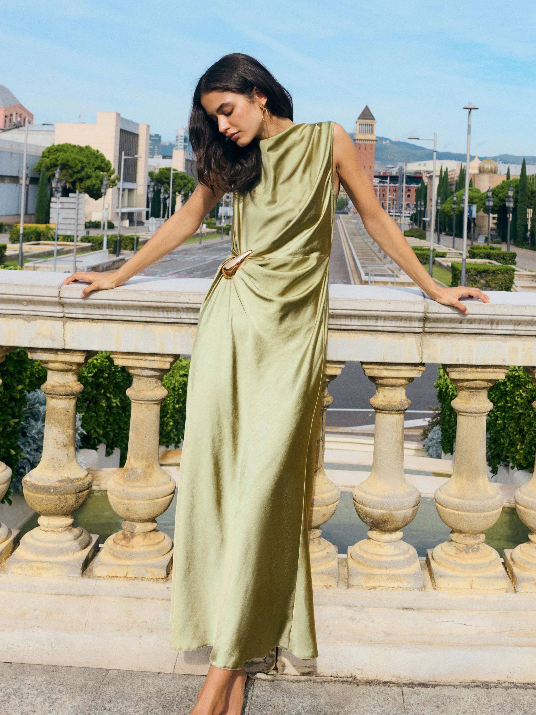 Friends Like These Friends Like These Olive Green Petite Satin Sleeveless Draped Hardware Midi Dress | Next US
