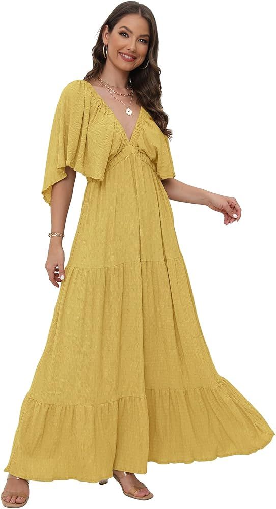 Women's Summer V-Neck, Tiered Silhouette with Flutter Sleeves Maxi Dress for Casual | Amazon (US)