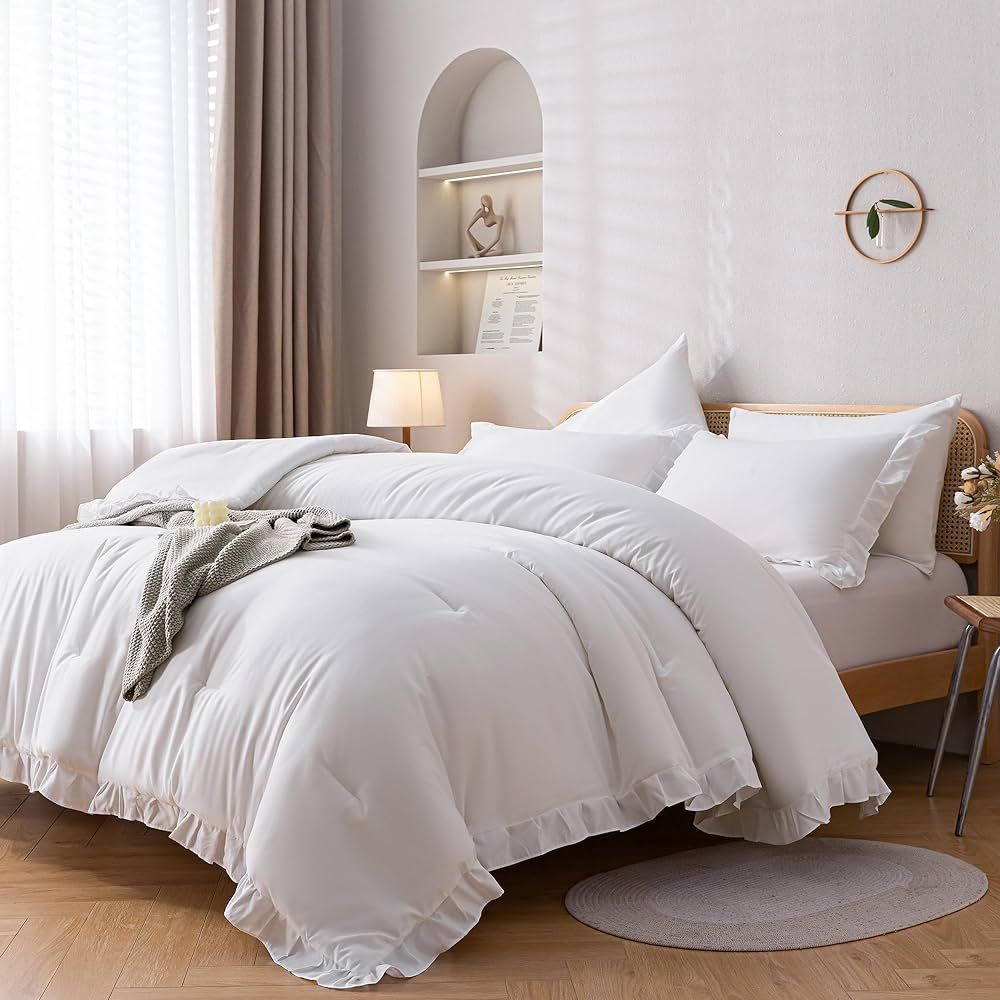 JANZAA Comforter Set Full Size White Comforter Set Ruffled Comforter Set Soft Vintage Farmhouse B... | Amazon (US)