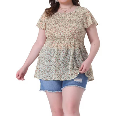 Agnes Orinda Women's Plus Size Floral Peplum Smock Waist Crew Neck Flare Short Sleeve Casual Chiffon Blouses 4X Apricot | Target