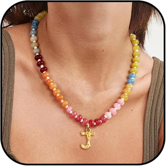 SLOONG Colorful Beaded Necklace for Women, Boho Necklaces Bohemian Rainbow Bubble 14K Gold Plated... | Amazon (US)