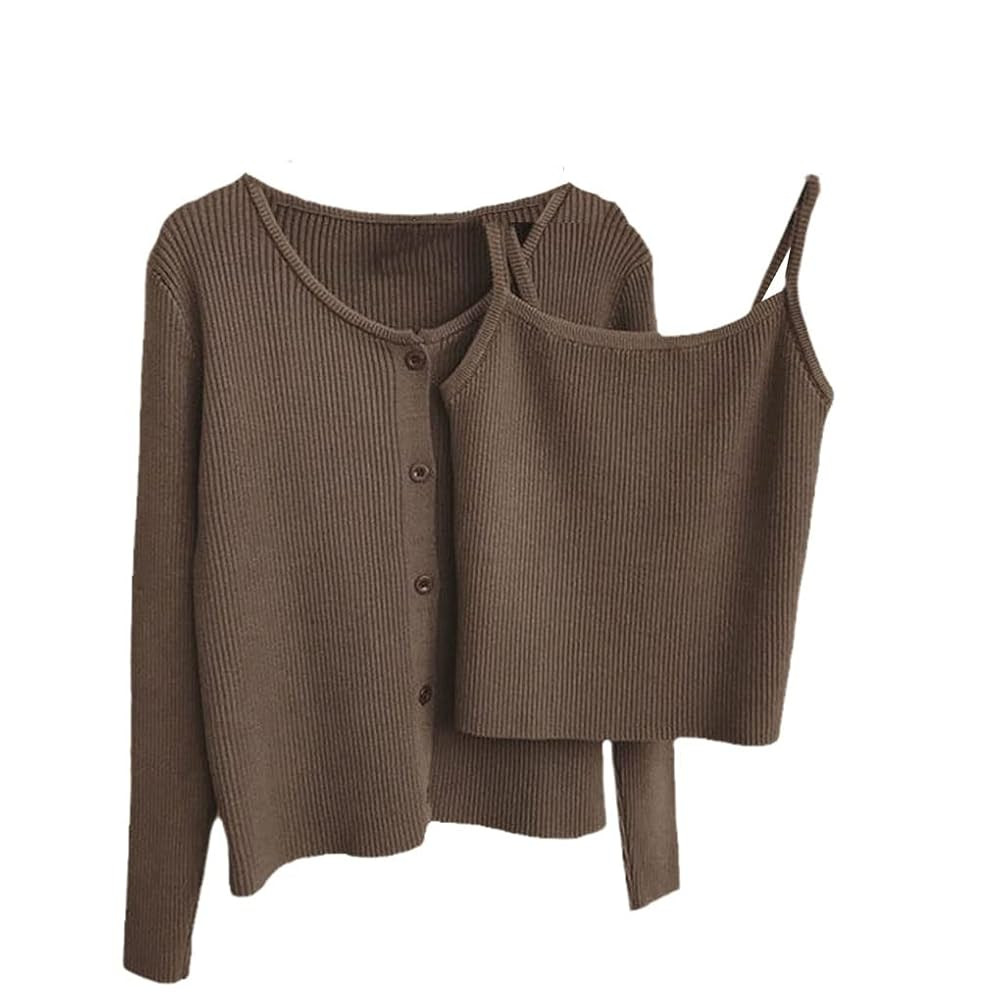 Knitted Cardigan Two 2 Piece Set Women Spring Autumn Outfits Cardigans Tops and Blouses Sets | Amazon (US)