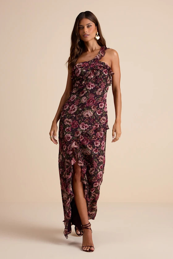 Bonelle Plum Multi Floral Metallic Clip Dot Ruffled Maxi Dress | Lulus