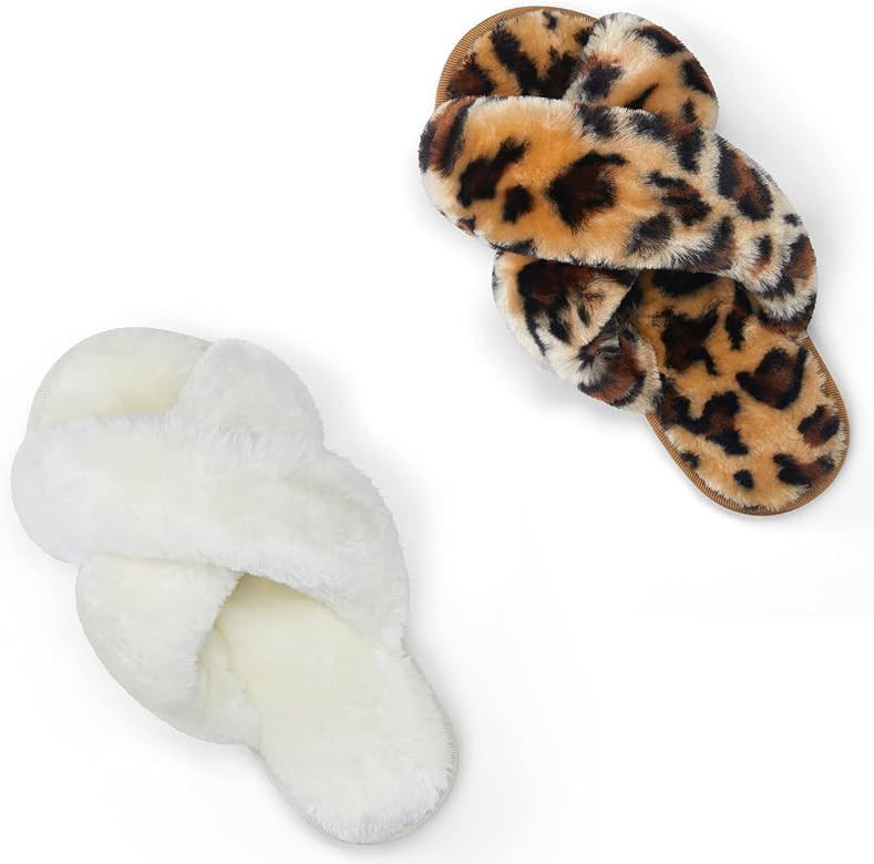 Amazon.com | Vepose Women's Pink Cross Band Slippers Soft Plush Furry Open Toe Fur Slides Fuzzy F... | Amazon (US)