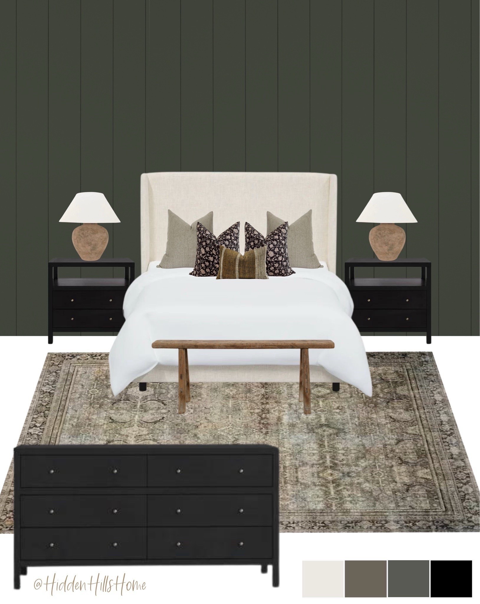 Moody bedroom decor, master bedroom decor ideas, bedroom mood board, home decor, primary bedroom design, modern transitional decor #bedroom 

Paint color is SW Ripe Olive

#LTKSaleAlert #LTKHome #LTKSeasonal