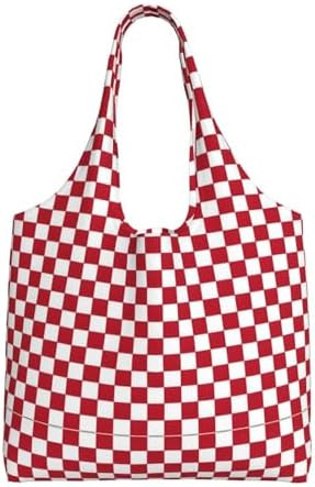Red Checkered White Squares Reusable Canvas Tote Bag, Large Grocery Shopping Bag, Lightweight And... | Amazon (US)