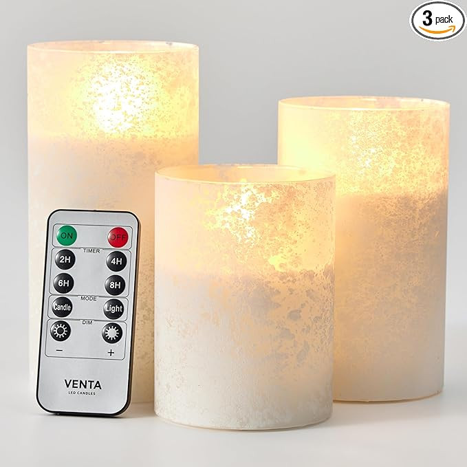 VENTA Frosted Glass LED Candles, Set of 3 | Warm Amber Flickering Pillar Candles with Remote | Cr... | Amazon (US)
