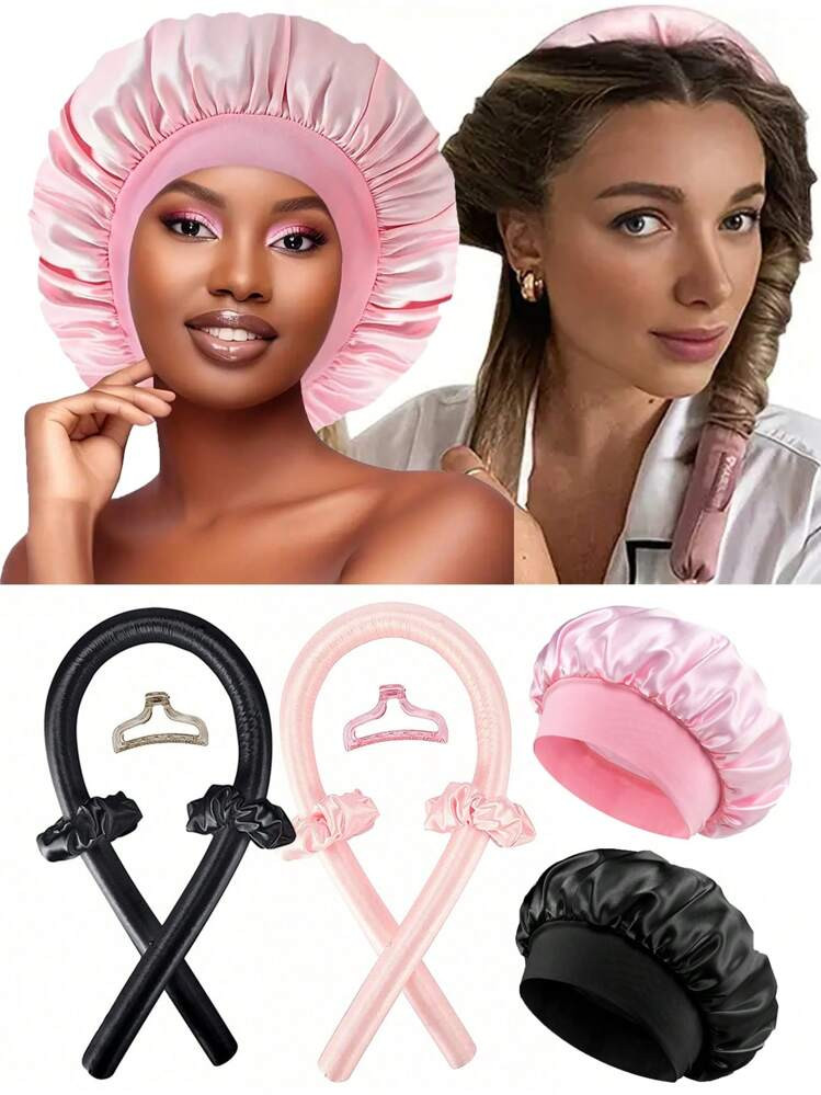 No Heat Hair Curler And Satin Sleeping Cap 5Pcs/Set, Satin Heatless Curling, Heatless Hair Curler... | SHEIN