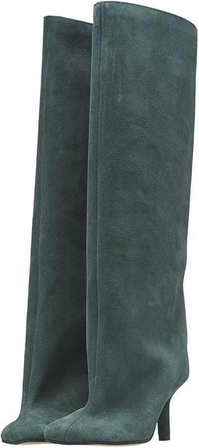 Women's Knee High Boots Nude Suede Wide Calf Stiletto Long Booties Square Toe Pull On High Heel R... | Amazon (US)