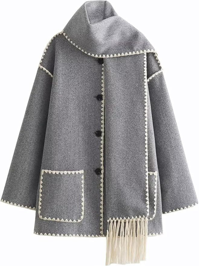 Yeokou Womens Wool Blend Jackets Removable Tassel Scarf Button Down Casual Oversized Coat with Po... | Amazon (US)