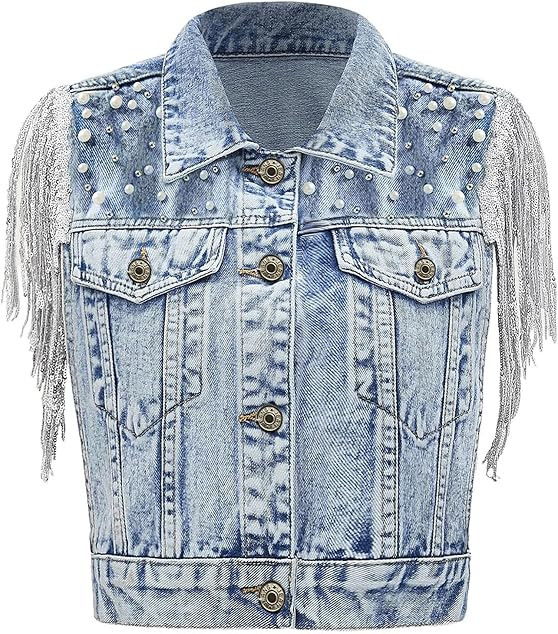 Women's Pearls Beading Denim Vest Sleeveless Sequin Fringe Tassel Western Cowgirl Jean Vest | Amazon (US)