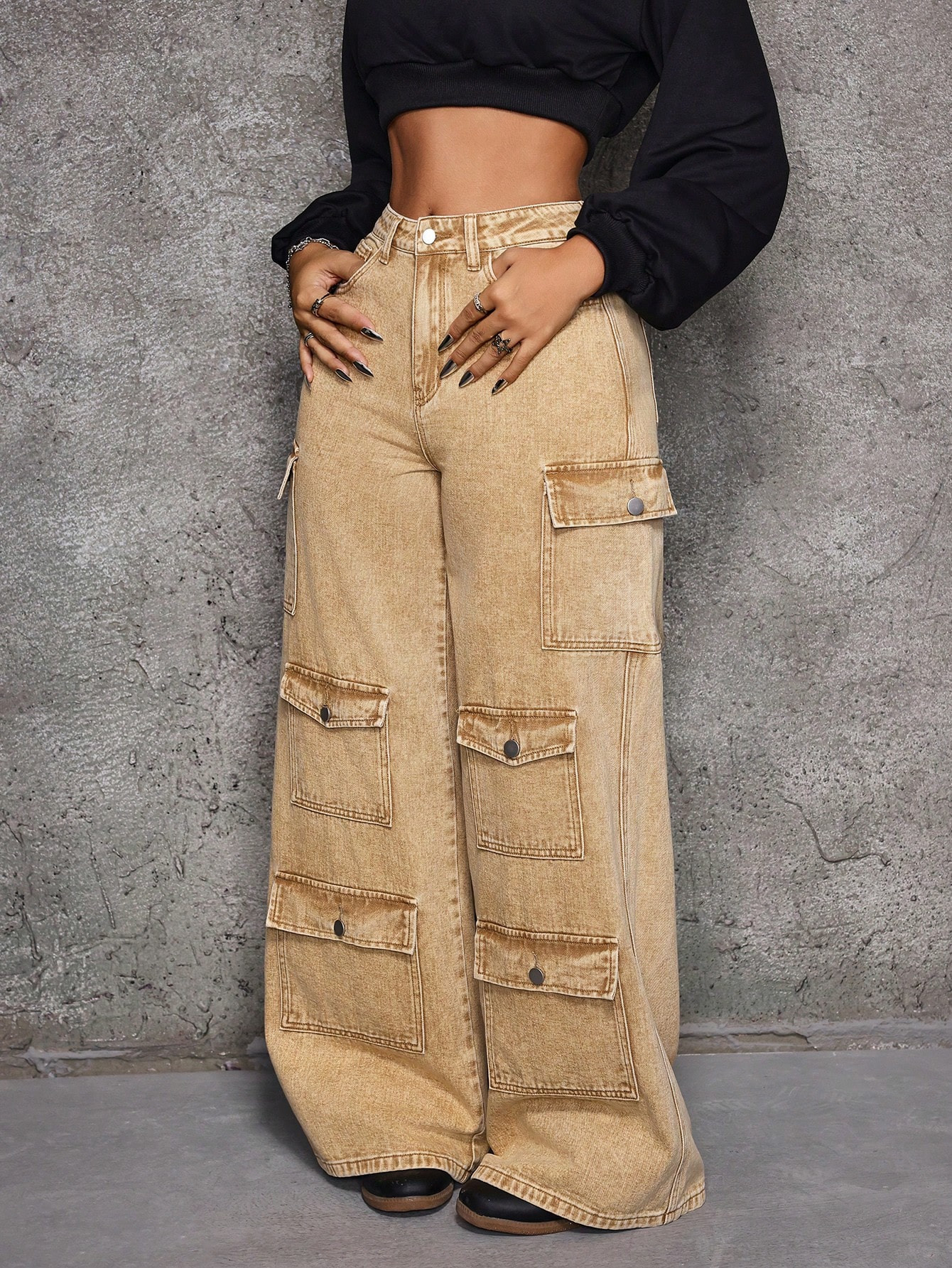 SHEIN ICON Women Relaxed Fit Stonewashed Wide Leg Cargo Jeans | SHEIN