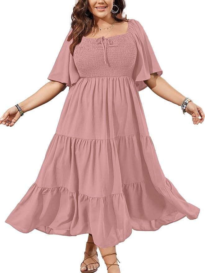 SCOMCHIC Women's Plus Size Flowy Maxi Dress Flutter Short Sleeve Boho Dress Square Neck Smocked F... | Amazon (US)