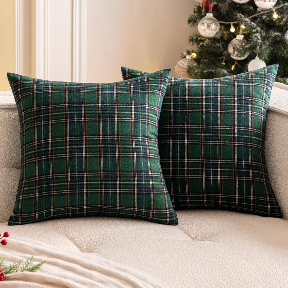 Woaboy Christmas Set of 2 Scottish Tartan Throw Pillow Covers Farmhouse Classic Plaid Decorative ... | Amazon (US)
