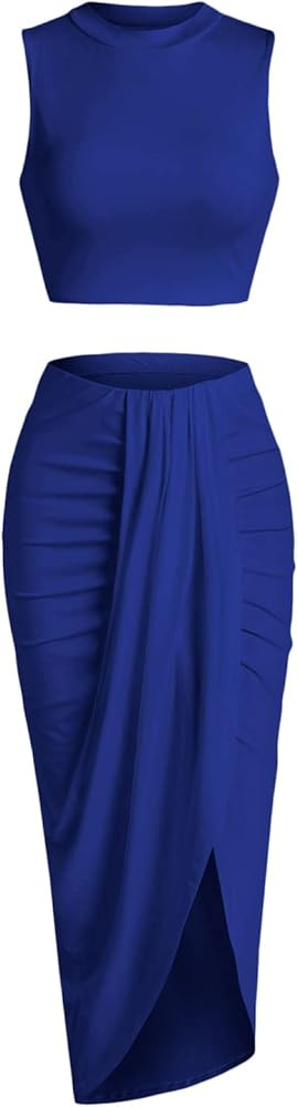 ZAFUL Women's Casual Sleeveless Summer Two Piece Outfits Crop Top and Side Split Draped Ruched Ma... | Amazon (US)