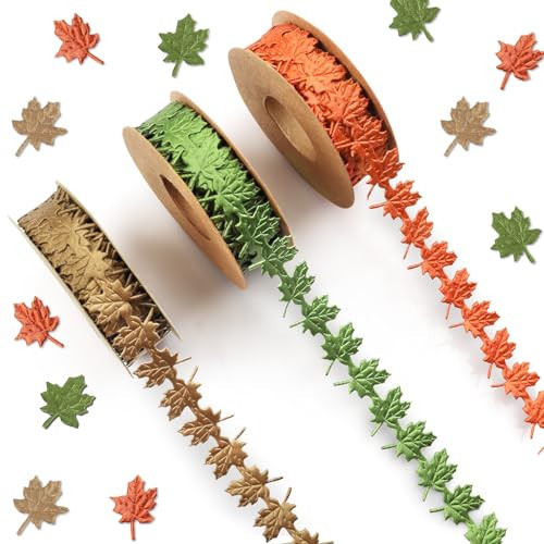 Threetols 3 Rolls 15 Yards Fall Ribbons, Green Brown Orange Thanksgiving Ribbons Maple Leaf Shape Craft Ribbons Trim Embellishment for Gift Wrapping Autumn Party Decoration | Amazon (US)