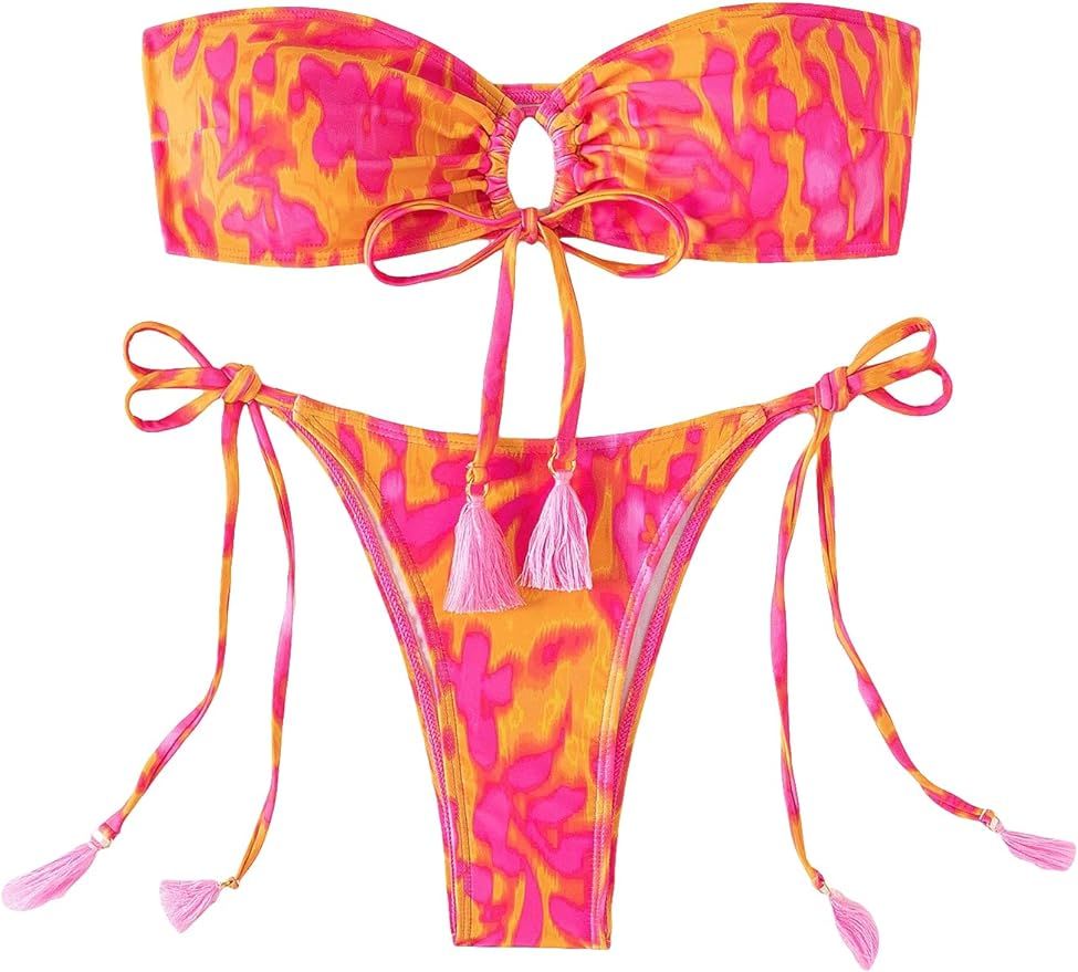 GORGLITTER Women's Floral Swimsuit Strapless Bandeau High Cut Tie Side Thong Bikini Set Bathing S... | Amazon (US)