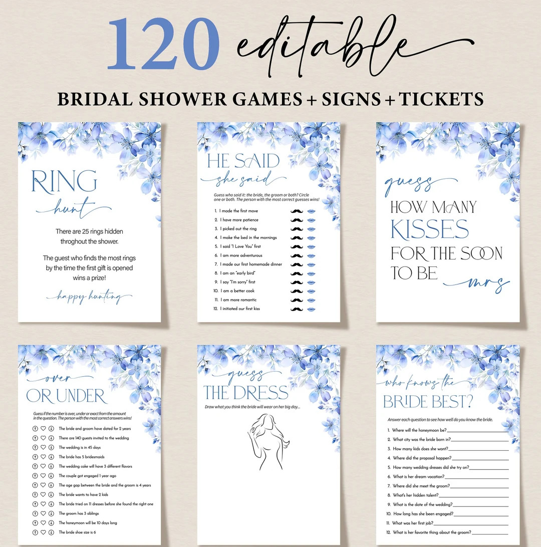 Blue Floral Bridal Shower Games, Editable Bachelorette Games, Printable Wedding Shower Games, Bri... | Etsy (US)