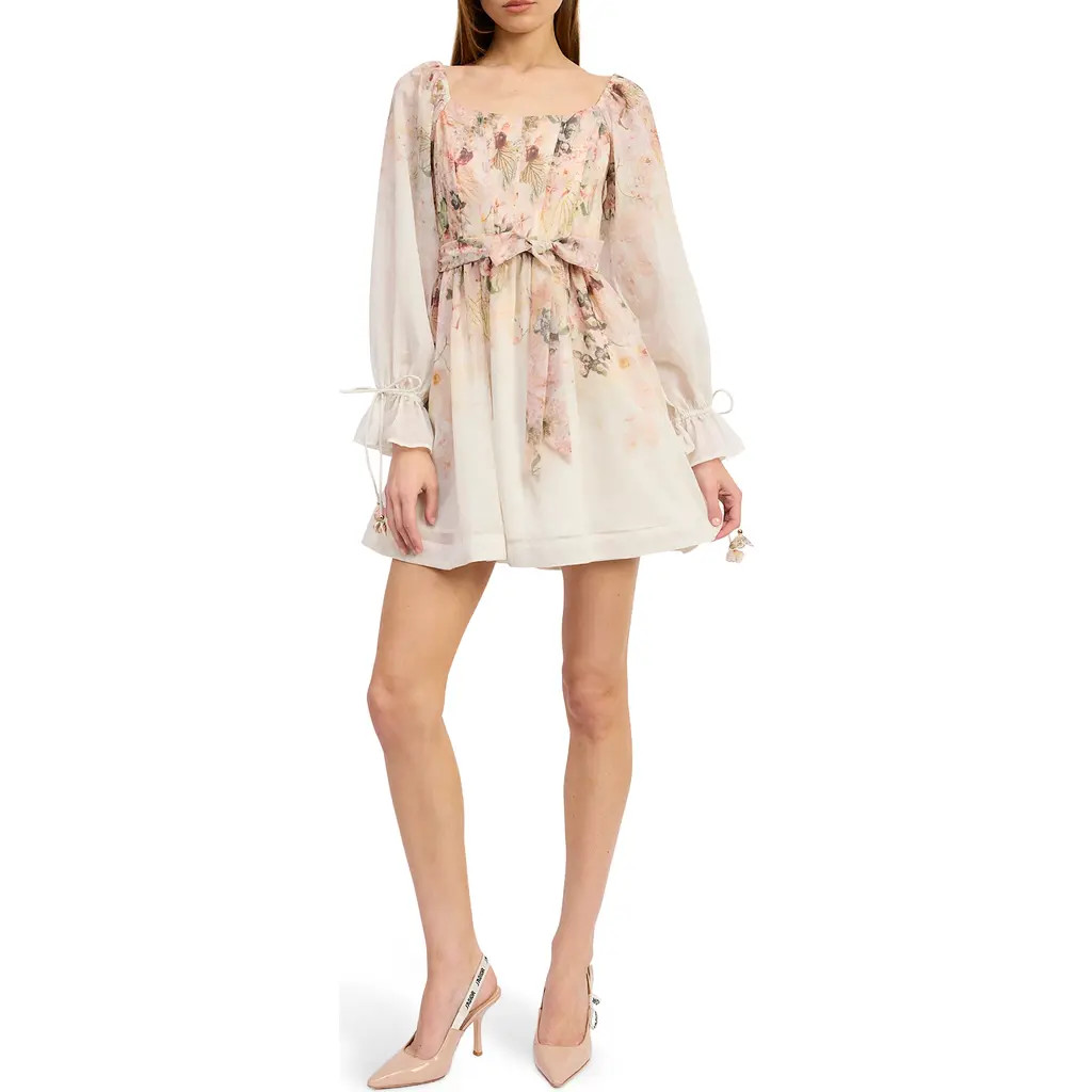 En Saison Floral Print Tie Waist Long Sleeve Chiffon Minidress in Ivory Blush Orchid at Nordstrom Rack, Size Large | Nordstrom Rack