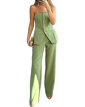 Women's 2 Piece Outfits Strapless Sleeveless Button Tube Top + Long Pants Set Solid Casual Clothi... | Amazon (US)