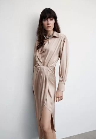 Vestido Chemise Cetim Mango Midi Fenda Bege | Dafiti (BR)