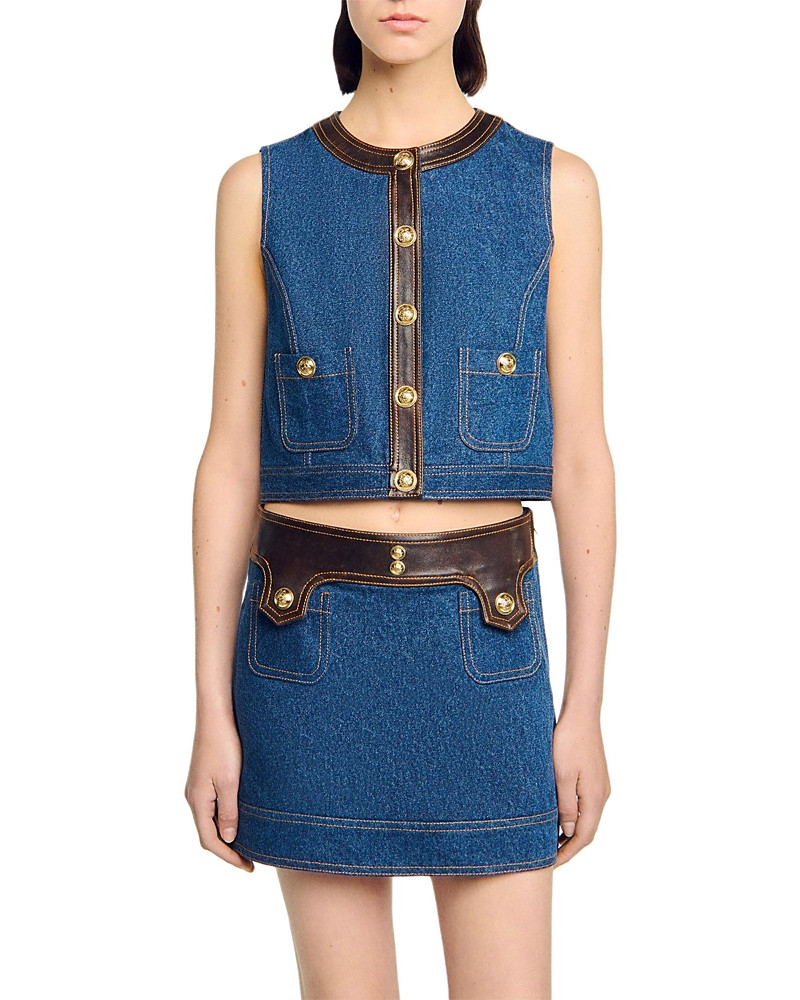 Sandro Leather Trim Denim Vest | Bloomingdale's (US)