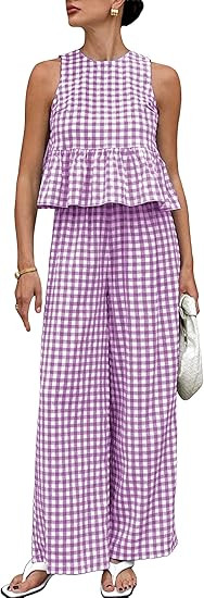 Womens 2 Piece Outfits Sets Gingham Plaid Sleeveless Ruffle Tank Tops and Wide Leg Pants Summer M... | Amazon (US)