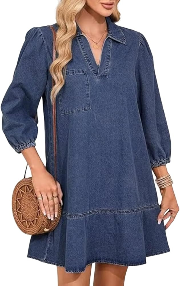 utcoco Denim Dress for Women Casual Loose Fit 3/4 Sleeve Ruffle Jean Badydoll Mini Dress with Poc... | Amazon (US)