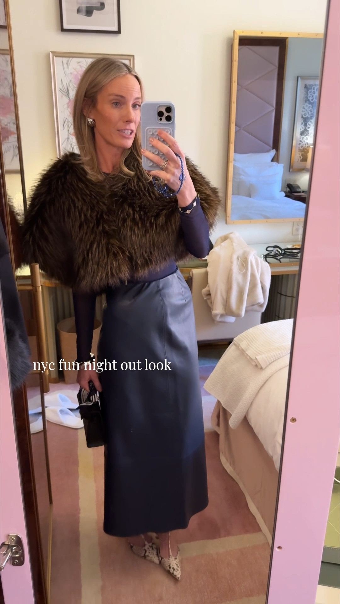 Oh how I love this look! Sexy but chic and felt so comfy! Size 2 skirt and small mesh top. Linking the bra I wore too! So fun for girls trips! Snakeskin heels and fur are sold out but putting other options 