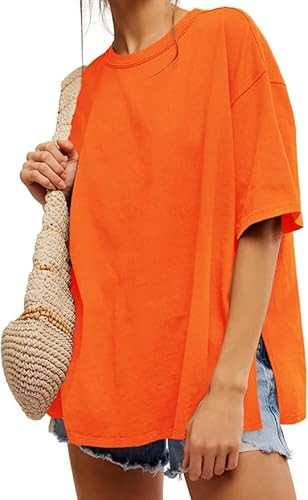 UNCLECAT Womens Oversized T Shirts Summer Trendy Short Sleeve Crew Neck Tops Loose Fit Side Slit ... | Amazon (US)
