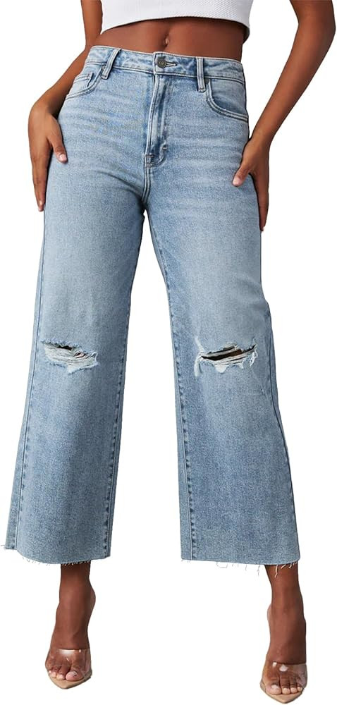 Allimy Women's High Waisted Straight Ankle Wide Leg Ripped Jeans Frayed Hem Stretchy Capri Denim ... | Amazon (US)