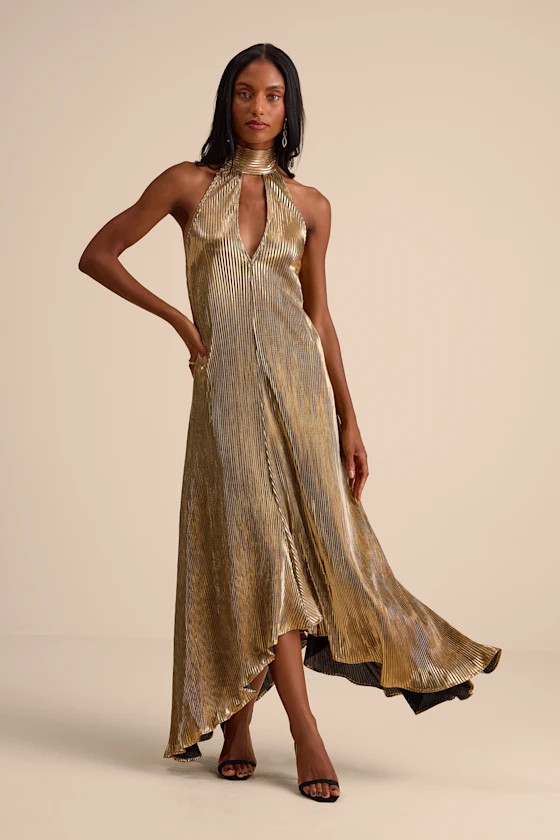 Verlice Metallic Gold Plisse Pleated Cutout Maxi Dress | Lulus