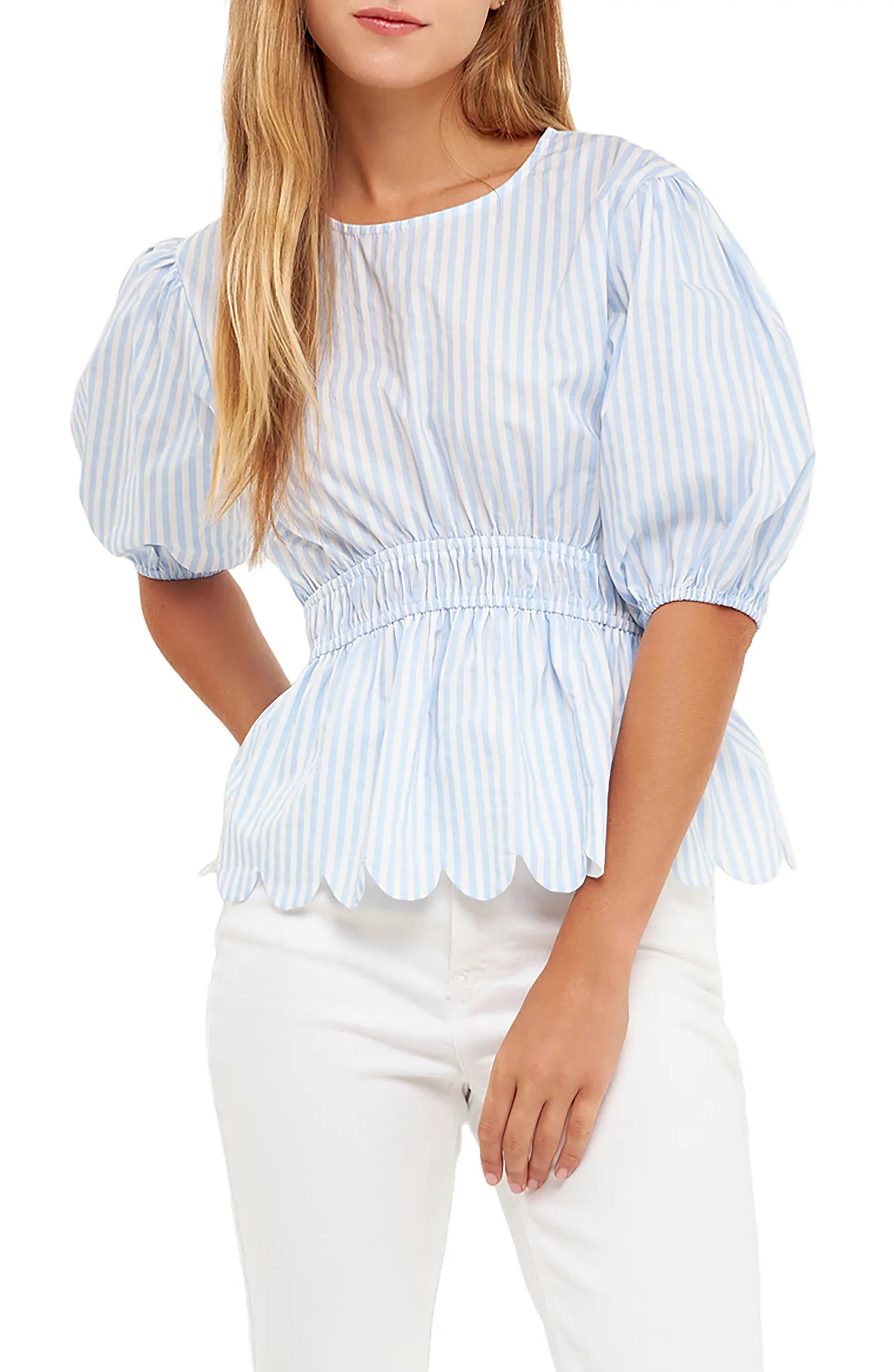 English Factory Stripe Puff Sleeve Peplum Top | Nordstrom | Nordstrom