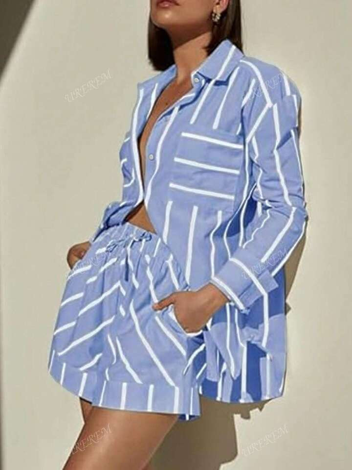 2pcs Women Striped Long Sleeve Shirt Blouse & Shorts Set | SHEIN