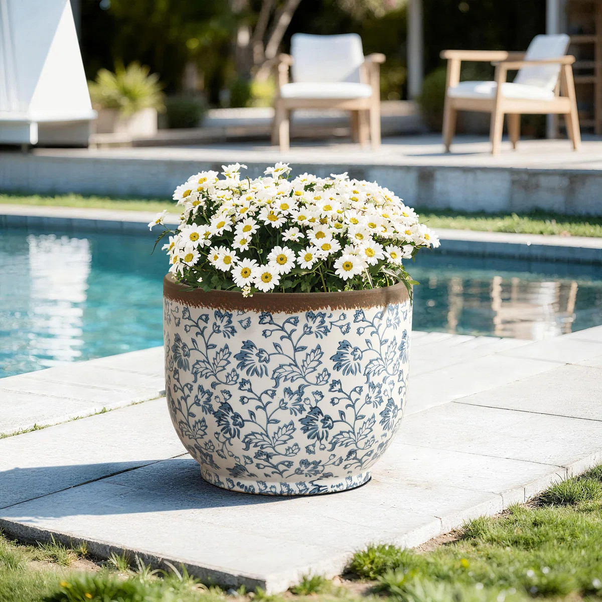 15.6" Dia Blue and White Round Planter Pot with Floral Pattern, Large Ceramic Pot with Drainage | Wayfair North America