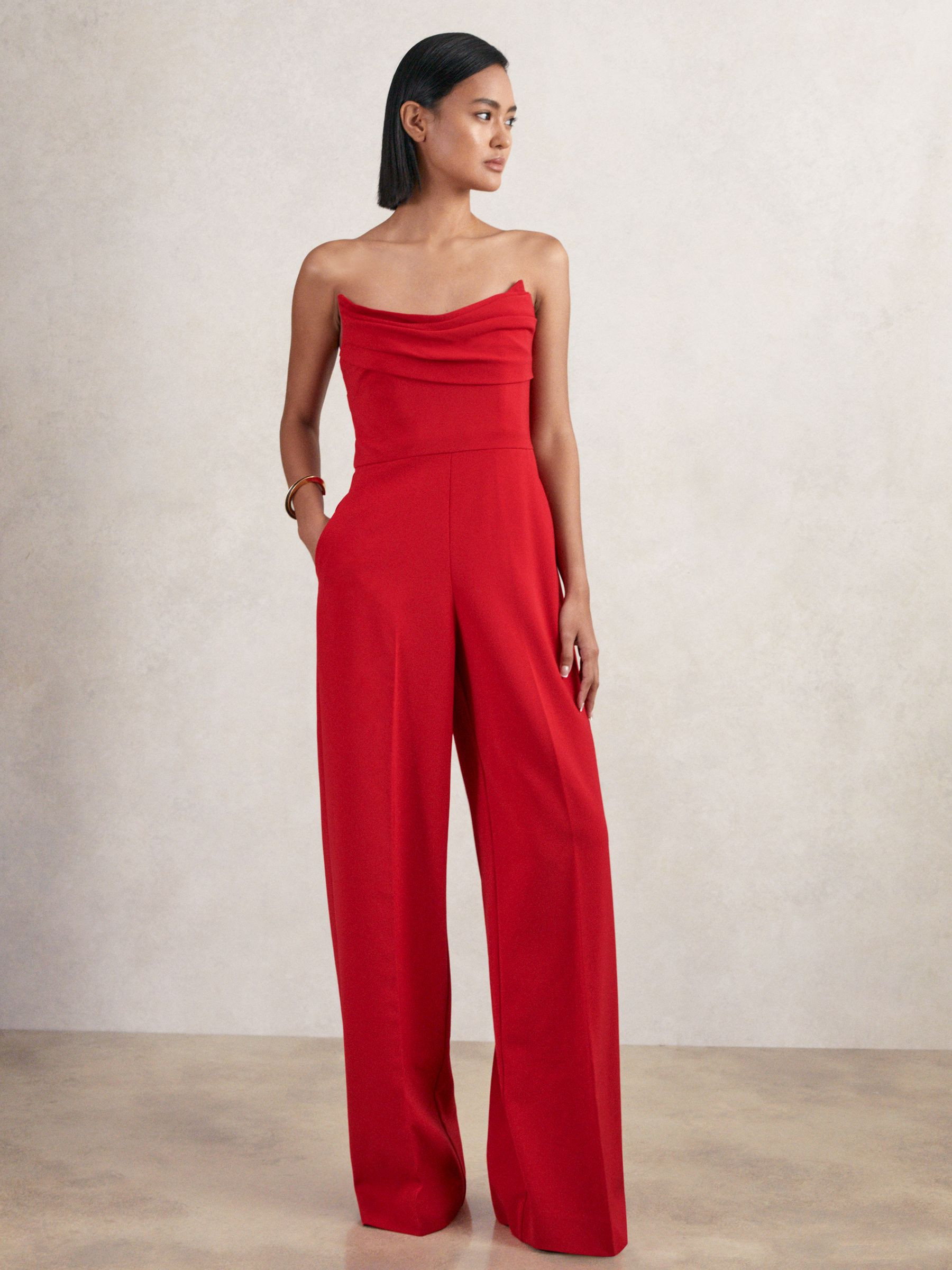Structured Strapless Wide-Leg Jumpsuit in Red | Reiss UK