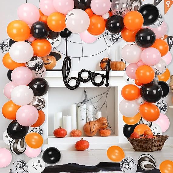 121 Pack Halloween Balloon Garland Arch Kit, Boo Foil Balloons and Black Pink Orange Eyeball Late... | Amazon (US)