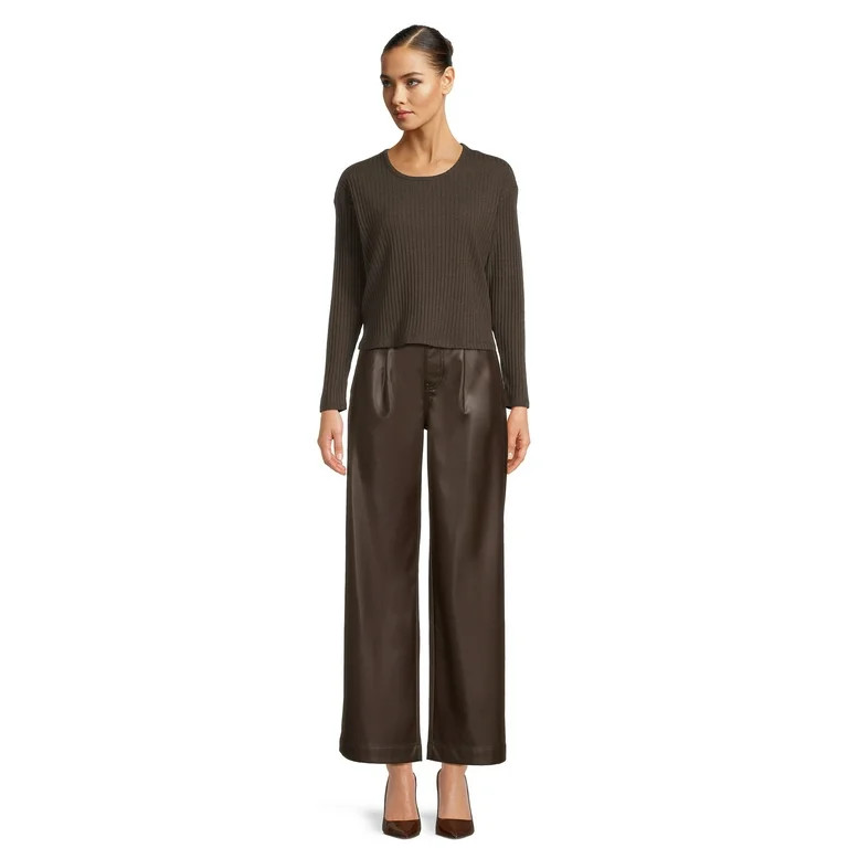 Time and Tru Women's High Rise Faux Leather Wide Leg Trousers – Regular, Short, Long Inseams Av... | Walmart (US)