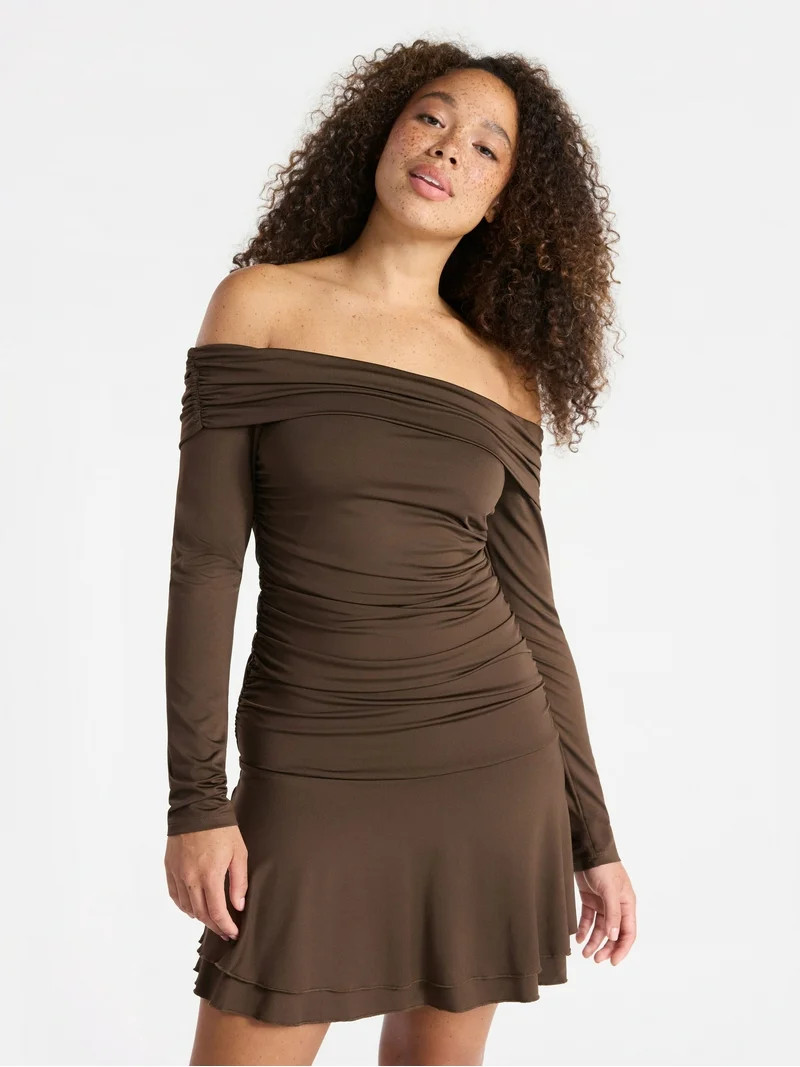 No Boundaries Off-The-Shoulder Long Sleeve Mini Dress, Women's | Walmart (US)