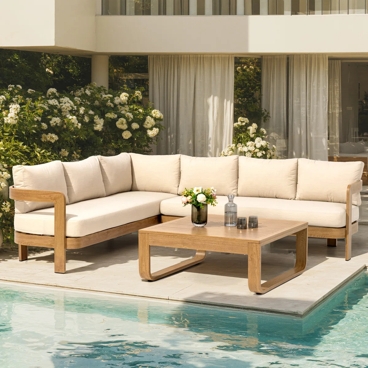 Outdoor Patio Powder-Coated Aluminum Sectional Sofa Set，Wood Look Finish: 0% Deforestation, 100... | Wayfair North America