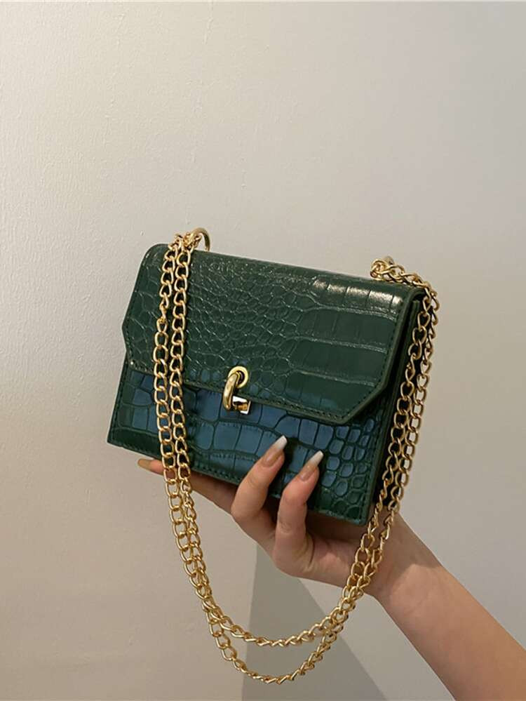 Mini Crocodile Embossed Metal Lock Flap Chain Square Bag | SHEIN