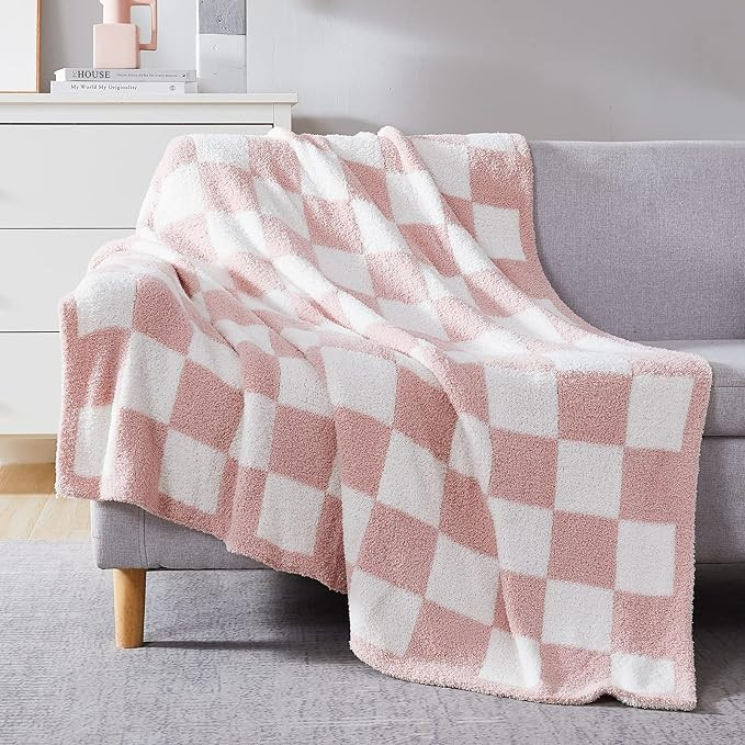 WRENSONGE Checkered Throw Blanket, Pink Soft Cozy Fluffy Warm Hand Made Throw Blankets for Couch,... | Amazon (US)