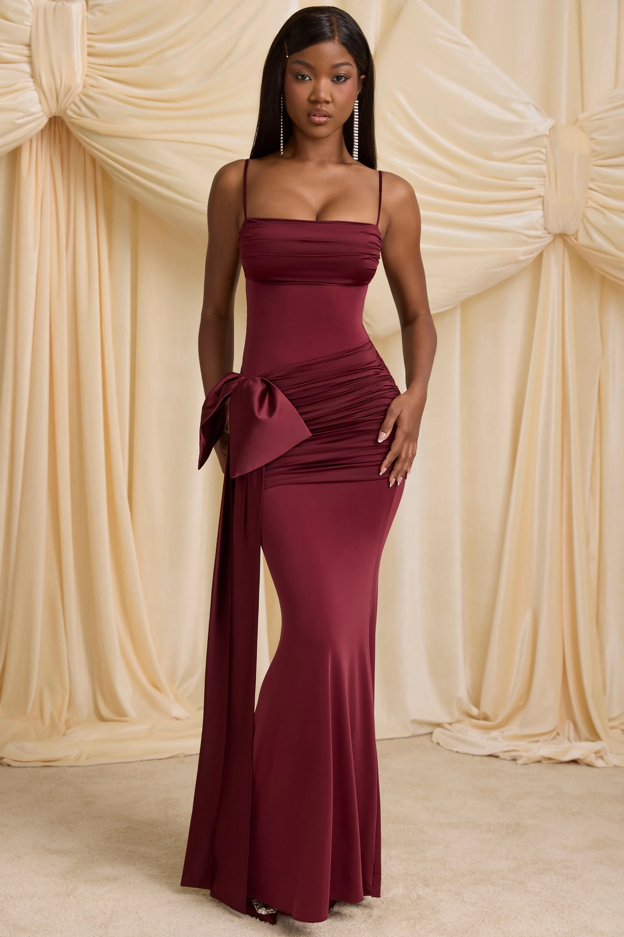 Bow-Detail Ruched Maxi Dress in Wine Red | Oh Polly