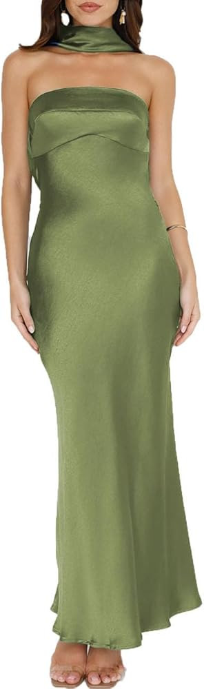 Women's Summer Satin Strapless Tube Top Maxi Dress Elegant Silk Backless Halter Neck Formal Party... | Amazon (US)