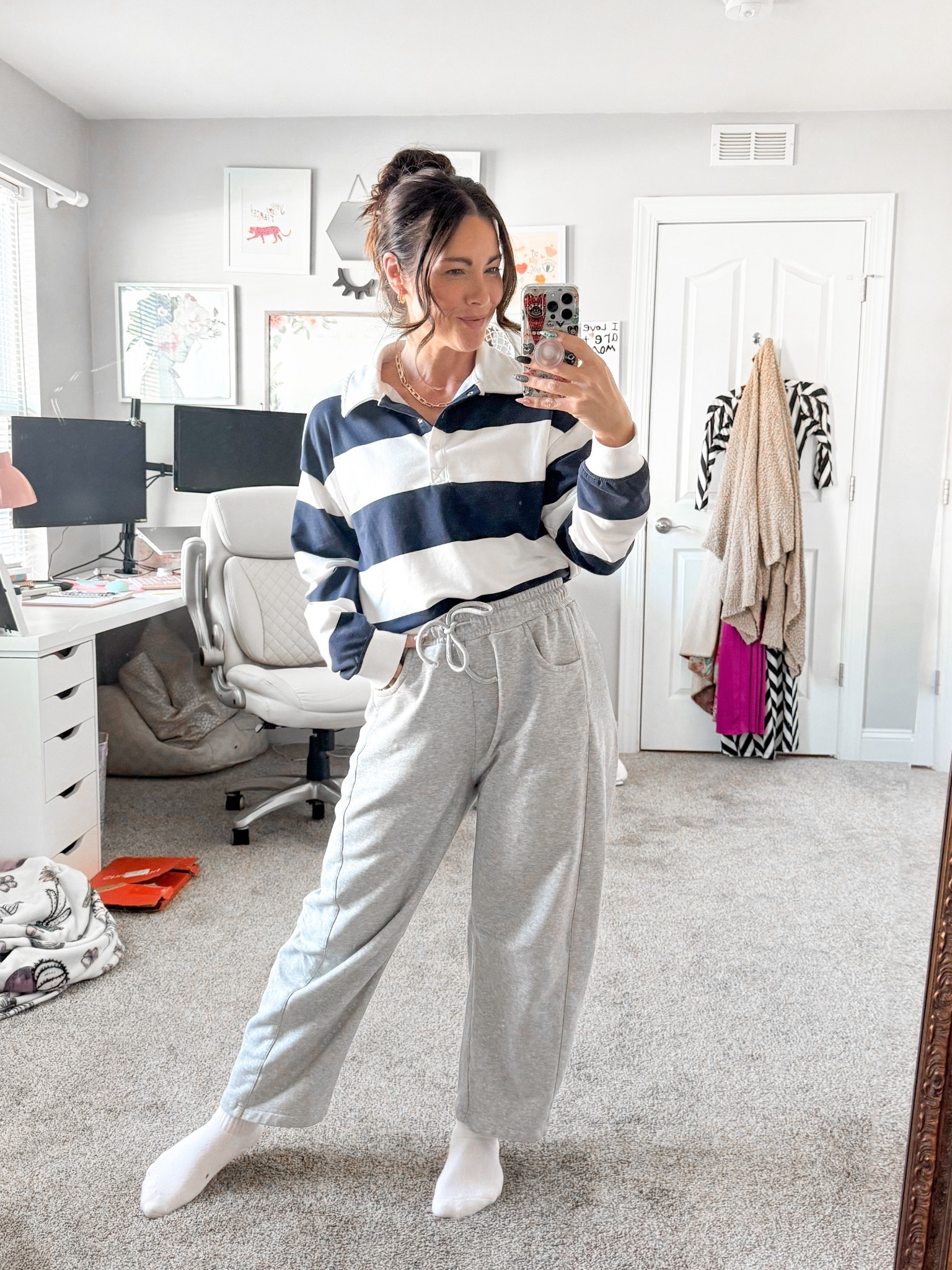 Fall uniform: Collared rugby shirt, barrel sweatpants, gold jewelry, and faking a professional look from behind the camera 

Pants and shirt in medium - could probably size down in pants but I wanted them comfy and very barrrel-y

#LTKStyleTip #LTKSaleAlert #LTKFindsUnder50