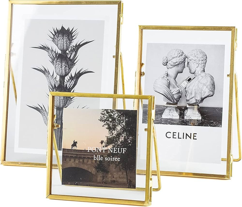 Jajamy Set of 3 Glass Pressed Flowers Frame Collection, 4"x4", 4"x6", 5"x7" Gold Metal Floating S... | Amazon (US)