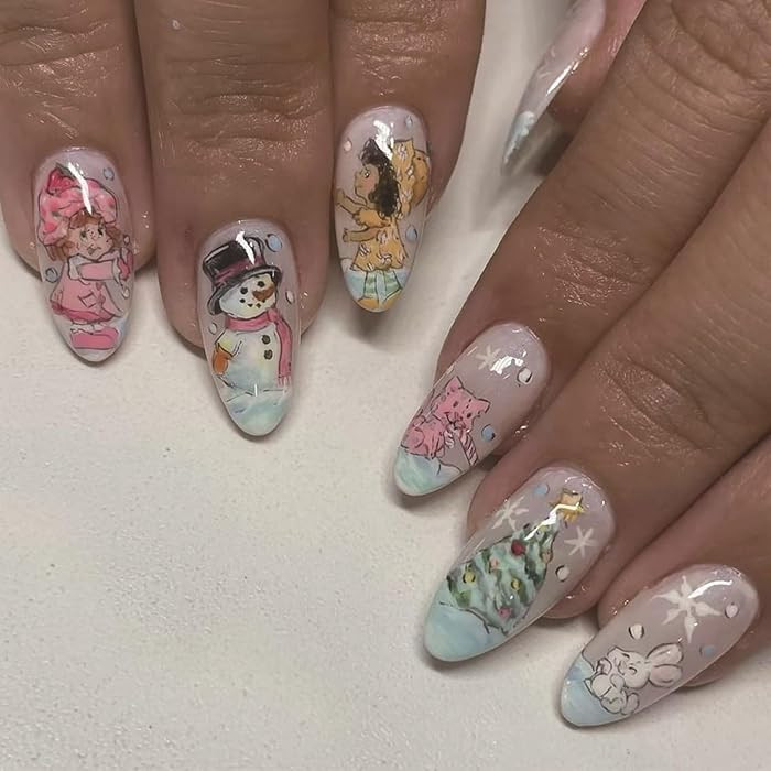 Christmas Press On Almond Shaped Glossy Full Cover Acrylic Medium Almond Winter False Nails with ... | Amazon (US)