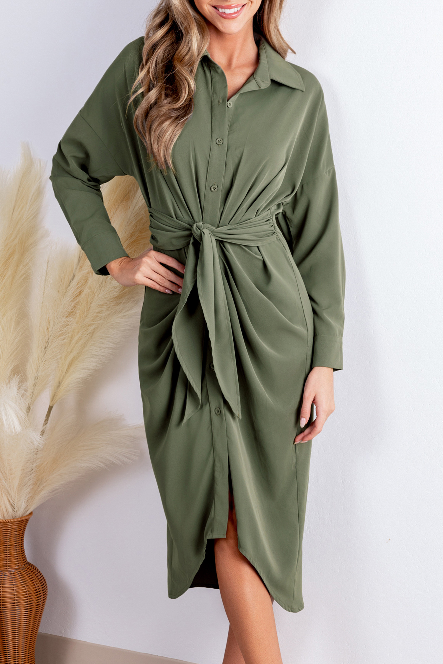 Sage Collared Front Button Midi Shirt Dress | Cupshe US