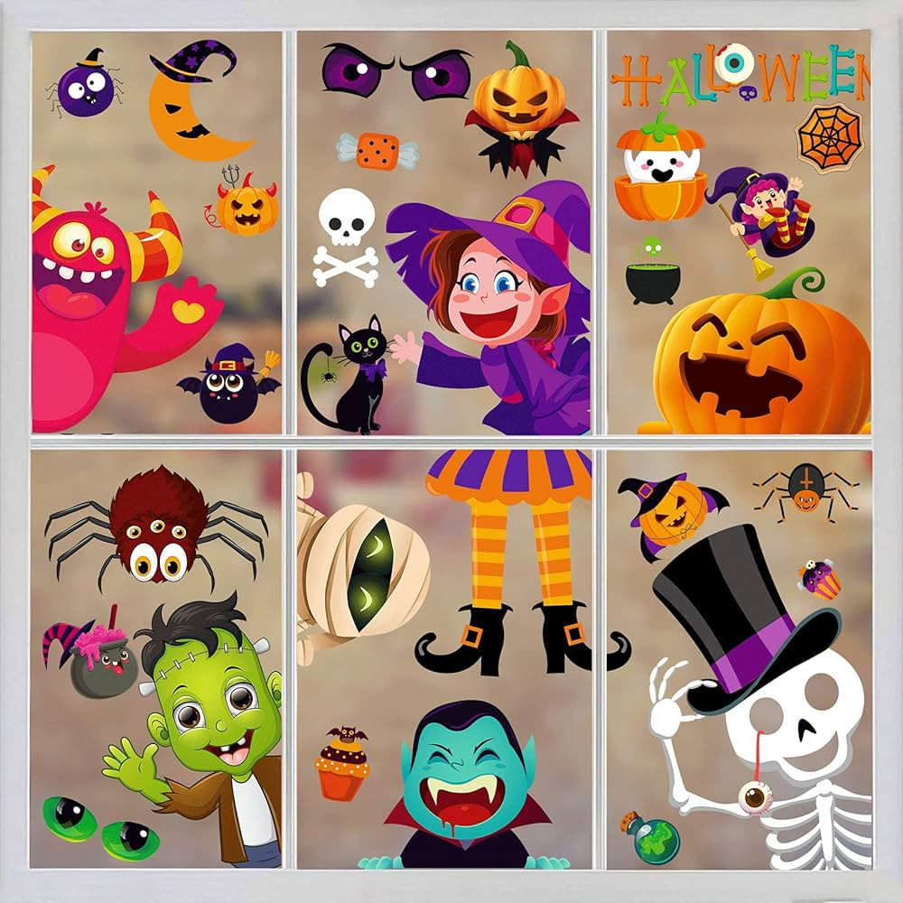 N/C Halloween Window Clings for Kids Halloween Gel Window Clings Double Sided 10 Sheets Halloween... | Amazon (US)