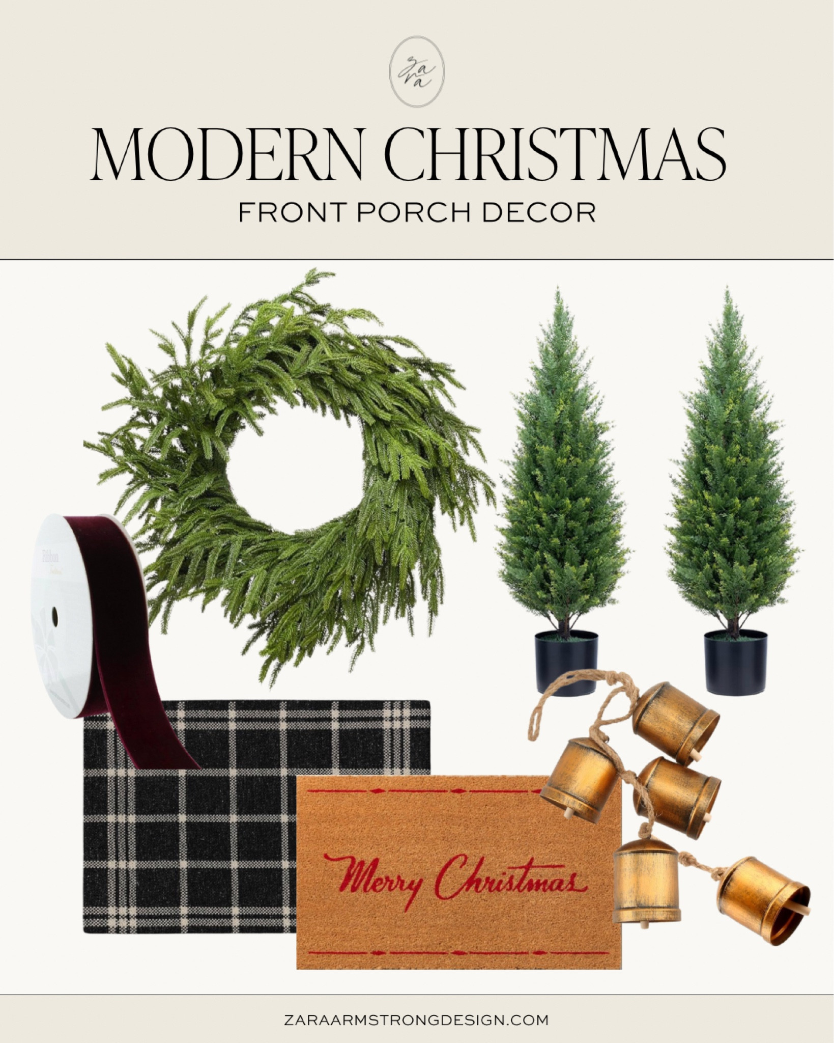 Modern Christmas front porch decor 🔔🎄

Layered doormat. Norfolk door wreath. Brass Christmas bells 

#LTKhome #LTKSeasonal #LTKHoliday